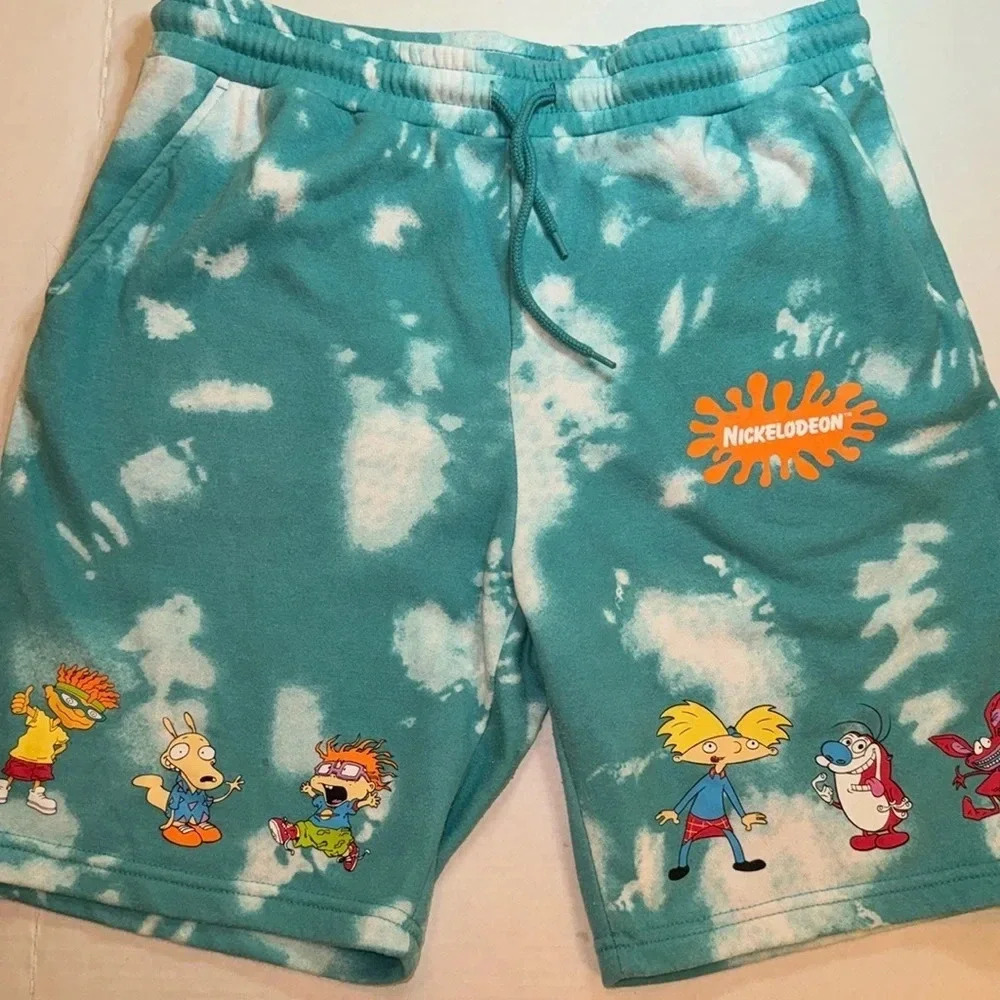 Men's Nickelodeon Blue Tie Dye Fleece Sweat Pant Jogger Shorts Pockets
